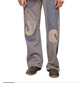 NWT Kartik Research Chikankari Straight-Leg Jeans with Embroidered Patches